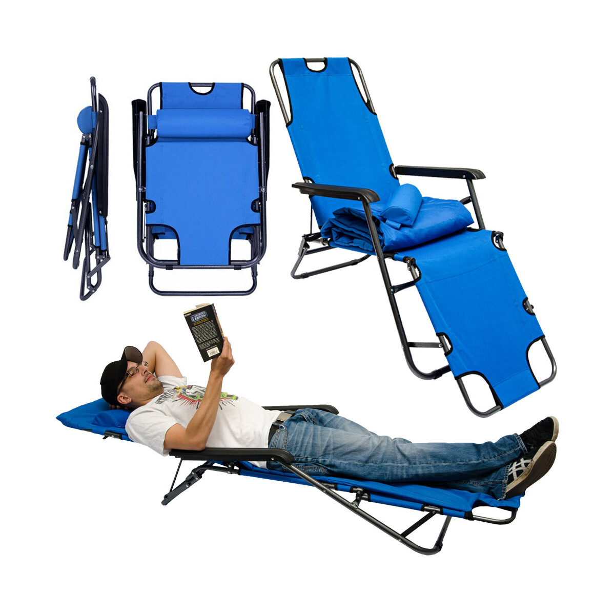 Campingstuhl Liegestuhl Blau mit Auflage 178x60 cm